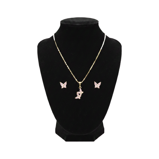 PINK 2PC BTTRFLY NECKLACE SET